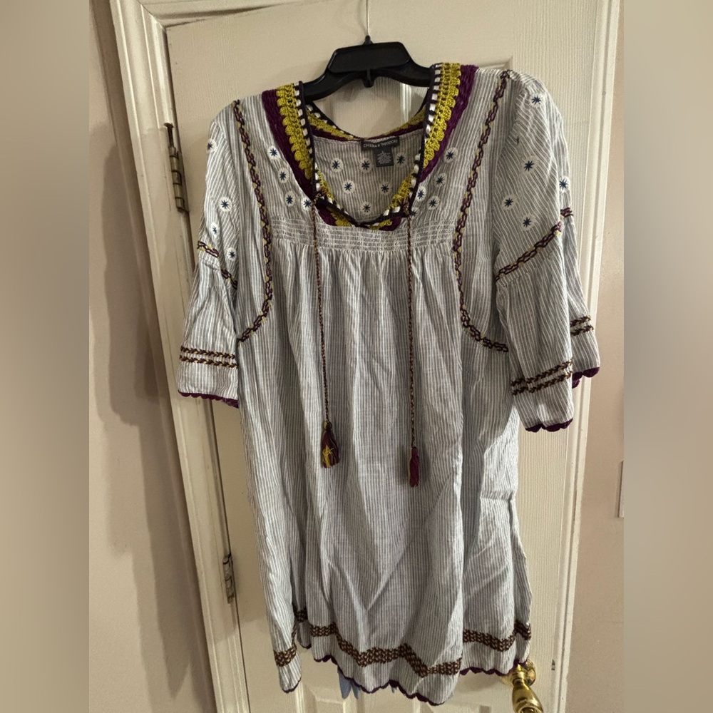 Chelsea & Theodore White Dress with Purple and Yellow Accents